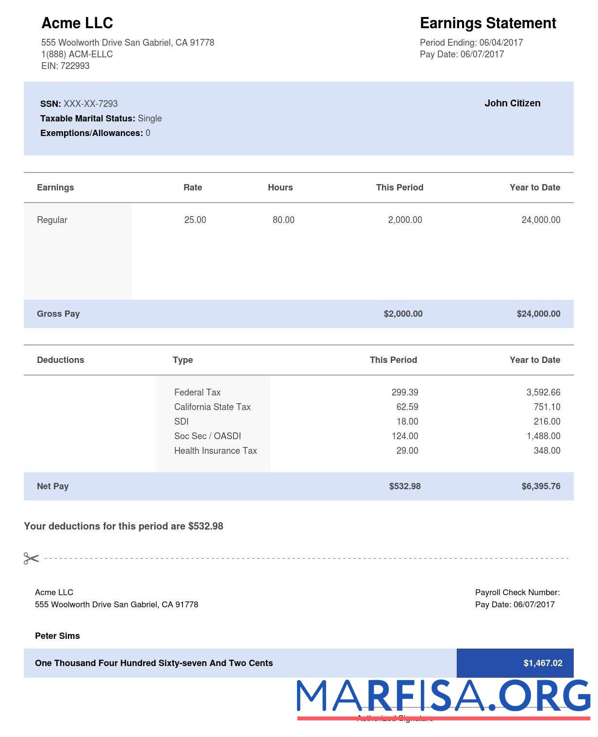 Printable USA California ACME LLC earning statement real example